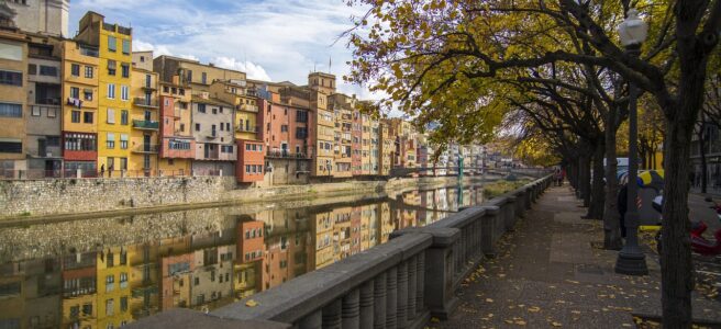 girona, spain, sightseeing, river, reflection, view, architecture, nature, trees, autumn, city